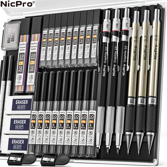 35PCS Nicpro Art Mechanical Pencil Set - 3PCS Metal Drafting Pencils in 0.5mm, 0.7mm, 0.9mm, 3PCS 2mm Lead Holder, 20 Tube Lead Refills, 6B, 4B, 2B, HB, 2H, 4H Colors for Sketching and Drawing